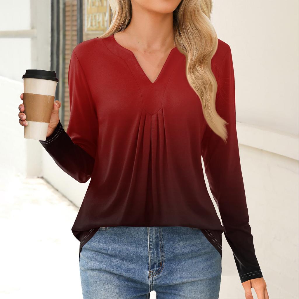 Women's Fashion Casual Long Sleeve Shirt Gradient Printed V Neck Up Tops