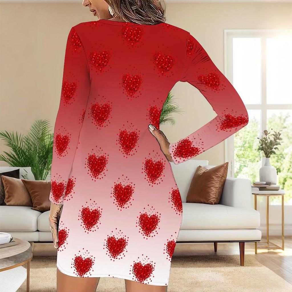 2025 Осень и Зима Новое 3D Принт с Любовным Узором и Окрашивание Женская Мода Платье с Длинным Рукавом и Круглым Вырезом, Облегающее Бедра Ограниченная Серия ко Дню Святого Валентина