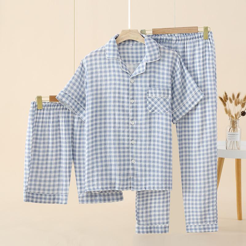 Couple pure cotton gauze summer women's short-sleeved pajamas Japanese simple plaid thin three-piece loungewear set