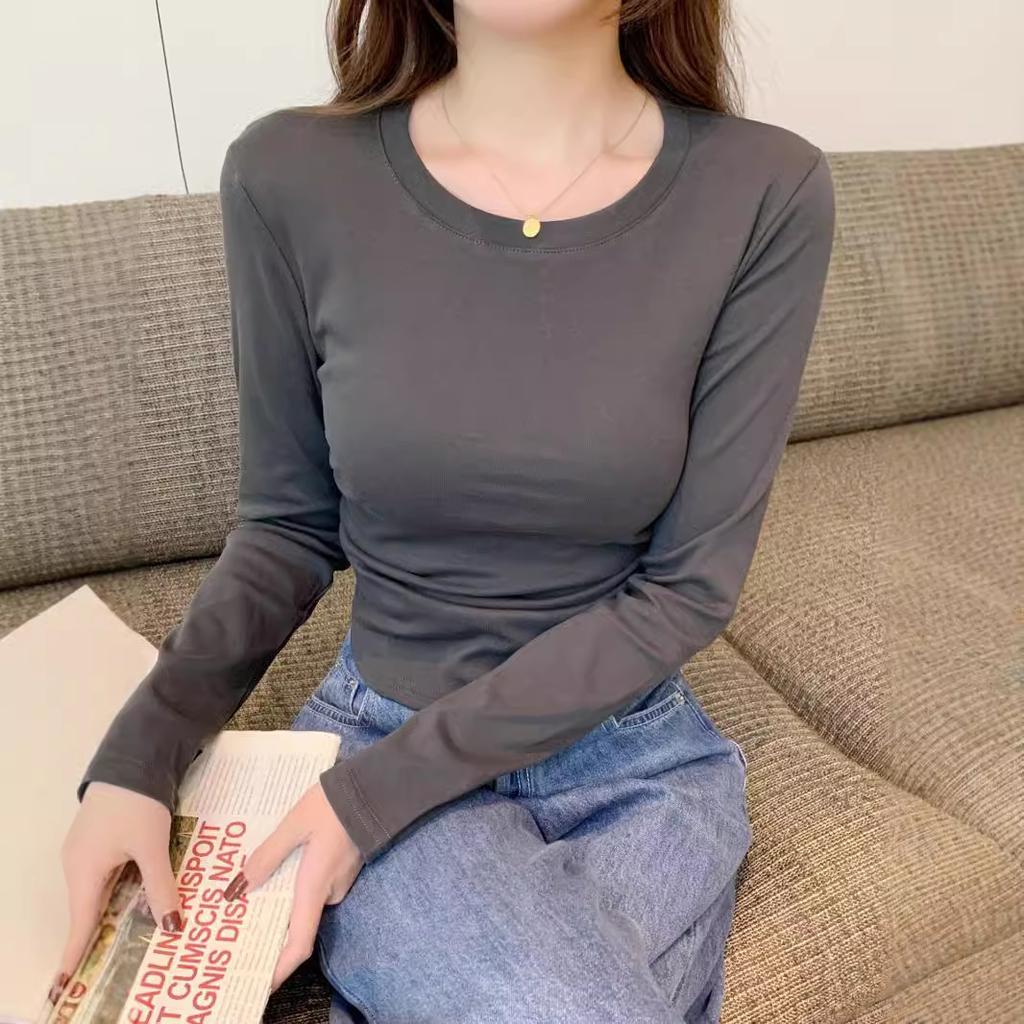 Женский простой топ с изогнутым подолом, спереди на плечах, с плиссировкой на талии, с длинным рукавом, осеннего дизайна, для ношения под низ