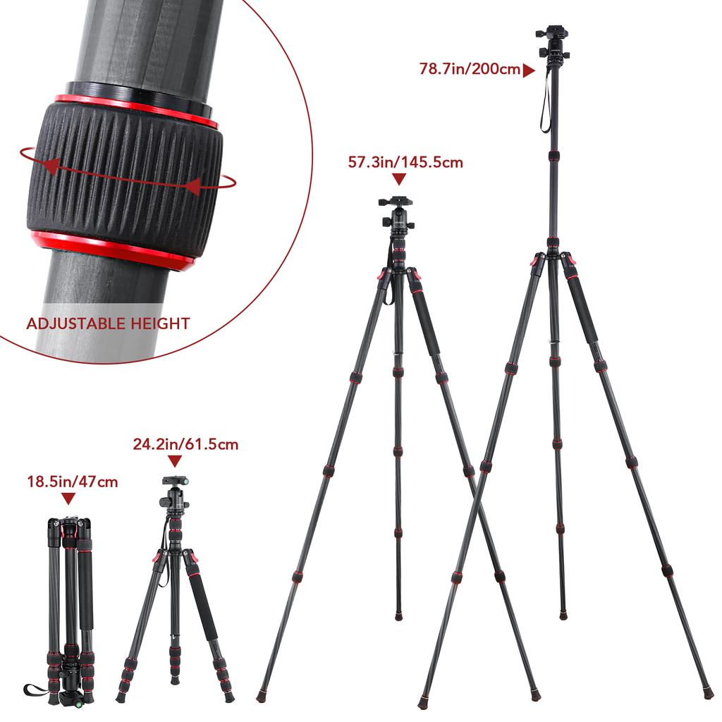 Andoer TTT-008 200cm/78.7in Adjustable Carbon Fiber Camera Tripod Stand Monopod 12KG Payload with