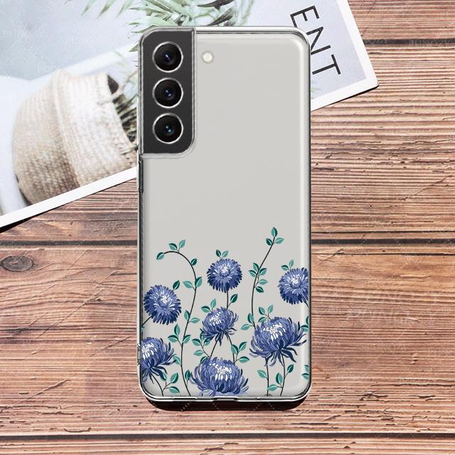 Прозрачный чехол с синим цветком и стрекозой для Samsung Galaxy S23 S22 S21 S20 Fe Ultra S10 S9 S8 Plus 10e S10lite Note 10plus 20ultra