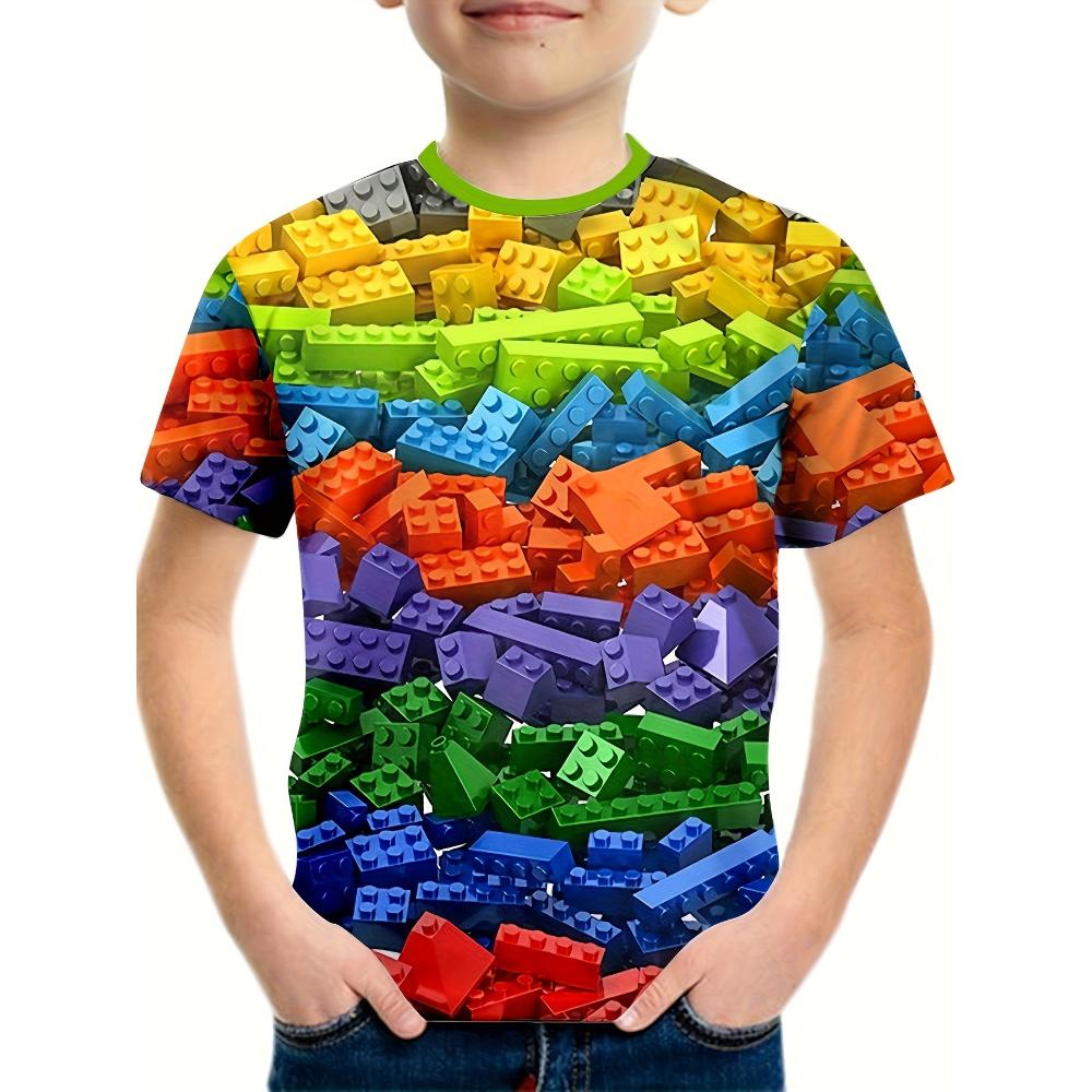 Kids Clothes Boys Tshirt Short Sleeve Children's T-Shirts 3D Building Blocks Print Funny Children Summer Clothes Girls Clothes