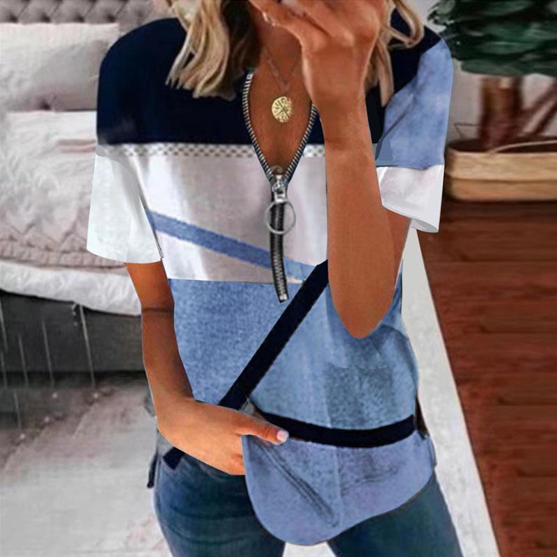 Женская летняя повседневная свободная футболка с коротким рукавом и V-образным вырезом на молнии с принтом