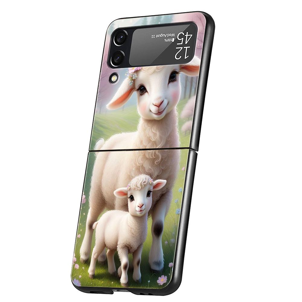 Hard PC Phone Case For Samsung Galaxy Z Flip 7 6 5 4 Black Cover For Galaxy Z Flip 3 Foldable Capas Cute Little Lamb Angel Sheep