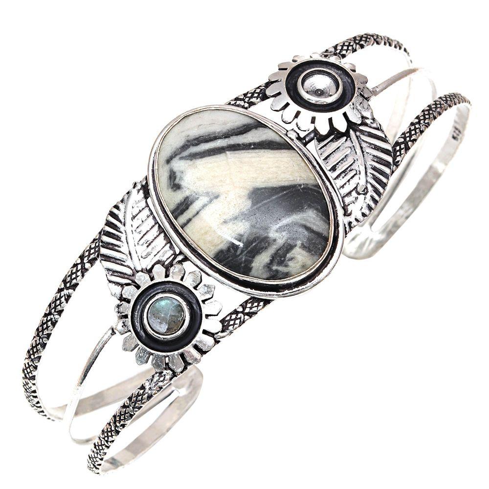 Silverleaf Jasper Gemstone Ethnic Silver Jewelry Cuff Bracelets7''Adjustable