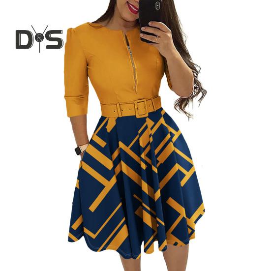 Ladies Dress Zipper Decor Belted Tight Waist Color Matching Print Round Neck Pockets Three Quarter Sleeve A Line Loose Hem Spring Fall Mini Dress
