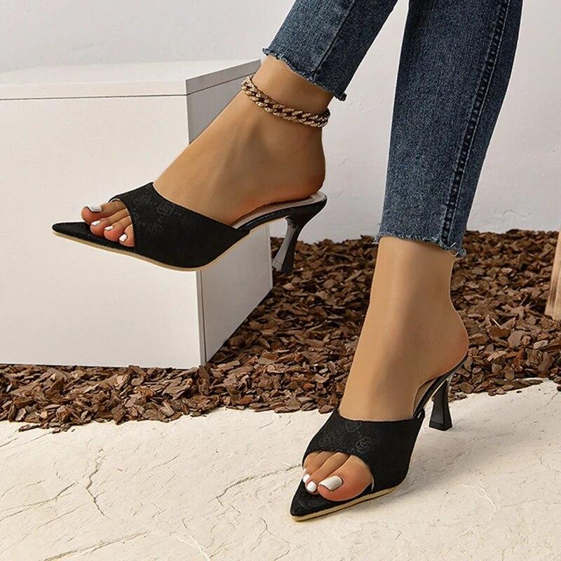 Дизайнерские сандалии на высоком каблуке, женские летние туфли-лодочки с цветочным принтом на тонком каблуке, женская обувь для вечеринок с острым носком