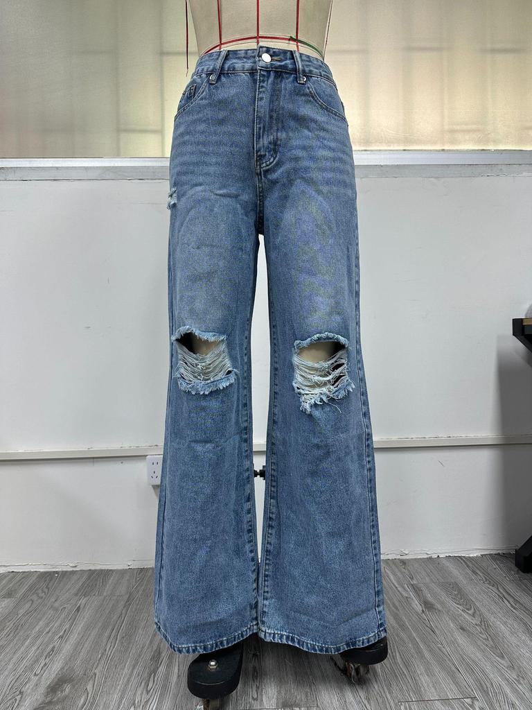 Women's INS Fashion Ripped High-Waisted Wide-Leg Jeans