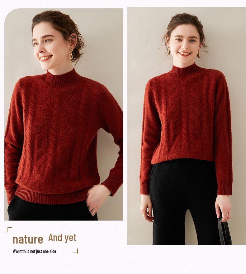 Женский кашемировый пуловер кабельной вязки - Полувысокий воротник, Длинный рукав, Однотонный, Теплый и повседневный базовый слой