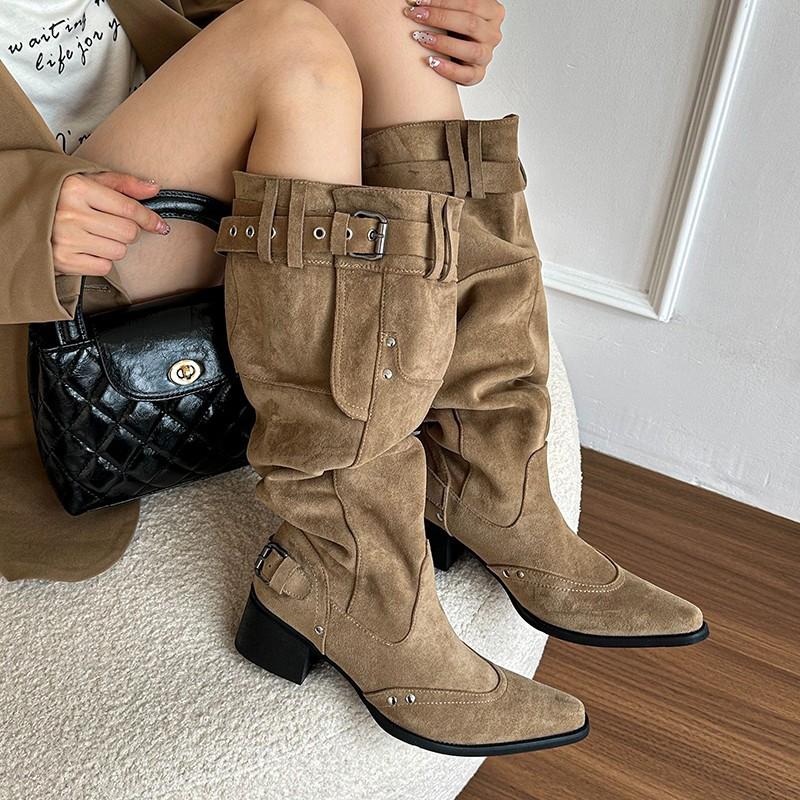 Retro Casual Big Tube Boots 2025 Autumn and Winter Fashion But Knee Boots Pointed Thick Heel Women's Pile Boots