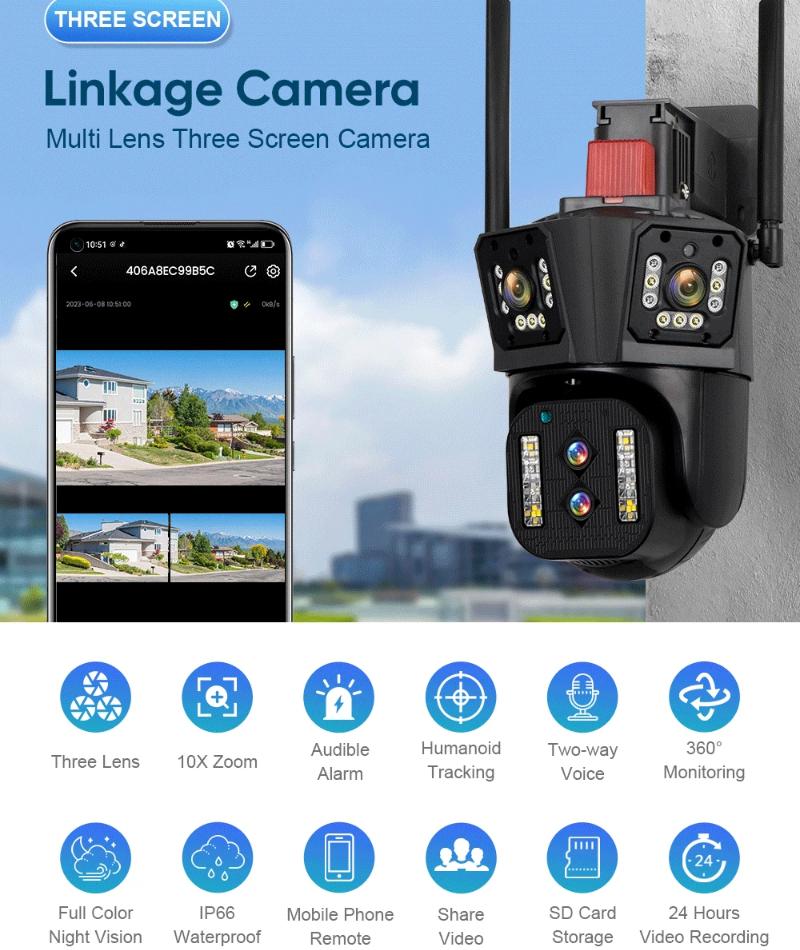 LS VISION Наружная WIFI IP-камера 16MP 8K HD 10X Оптический зум Автоматическое отслеживание PTZ Четыре объектива Три экрана Водонепроницаемая камера безопасности CCTV