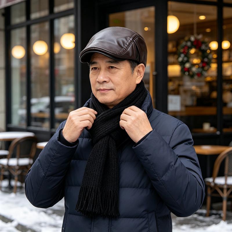 Winter new color matching forward hat cold and warm men's middle-aged and elderly peaked hat old man ear protection cowhide hat