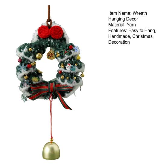 Christmas Crochet Wreath Hanging Decoration Xmas Tree Car Rearview Mirror Hanging Handmade Wreath Bell Ornament Holliday Party Pendant