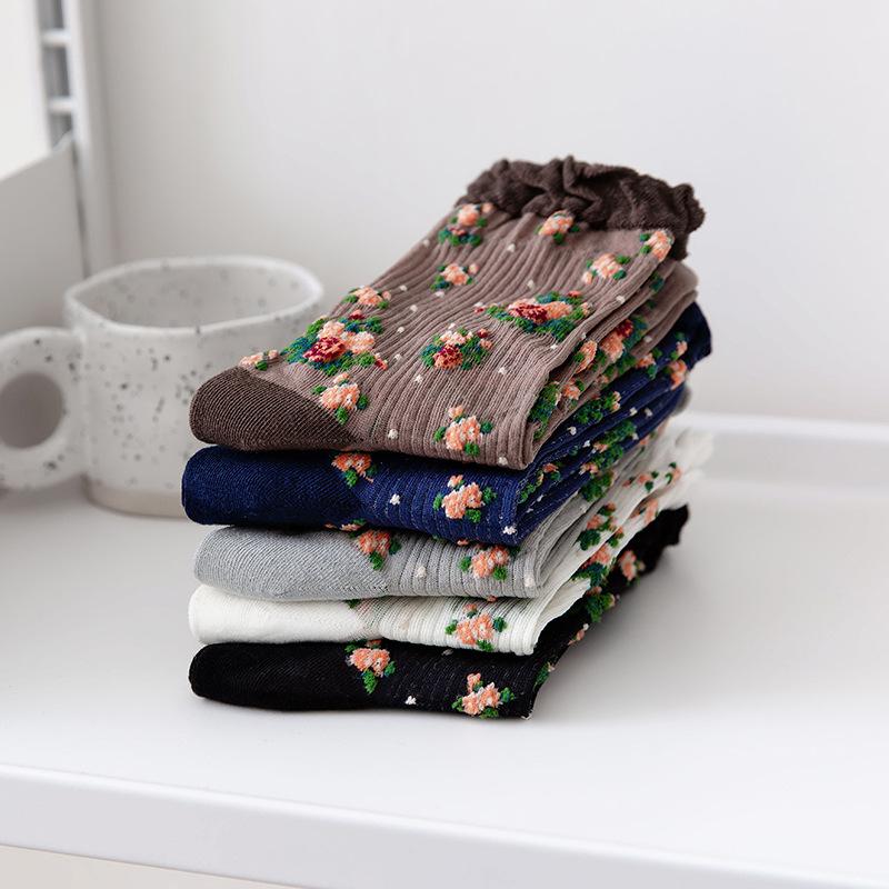 Harajuku Ретро женские носки винтажные этнические цветочные принты японские милые носки Kawaii женские летние сетчатые тонкие шелковые кружевные носки с рюшами