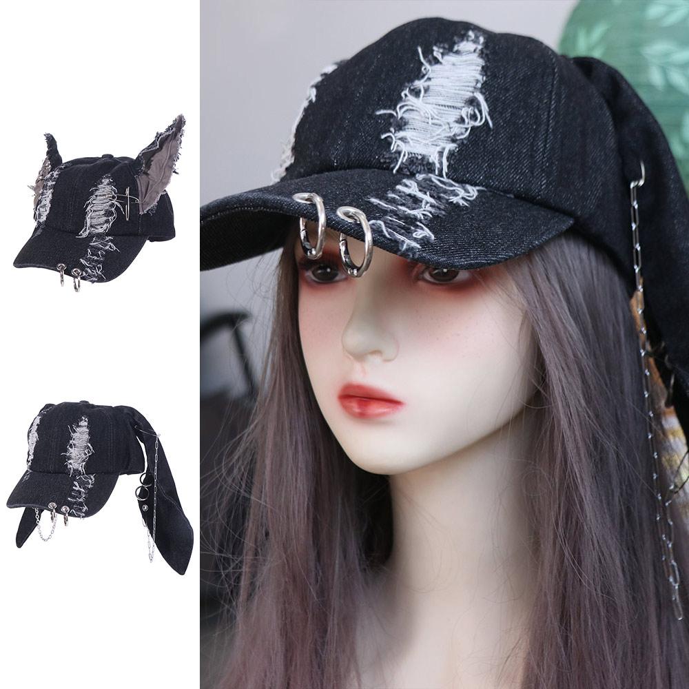 Y2K Chains Doberman Ears Hat Rabbit Bunny Ears Snapback Cap Ripped Denim Baseball Cap Girl