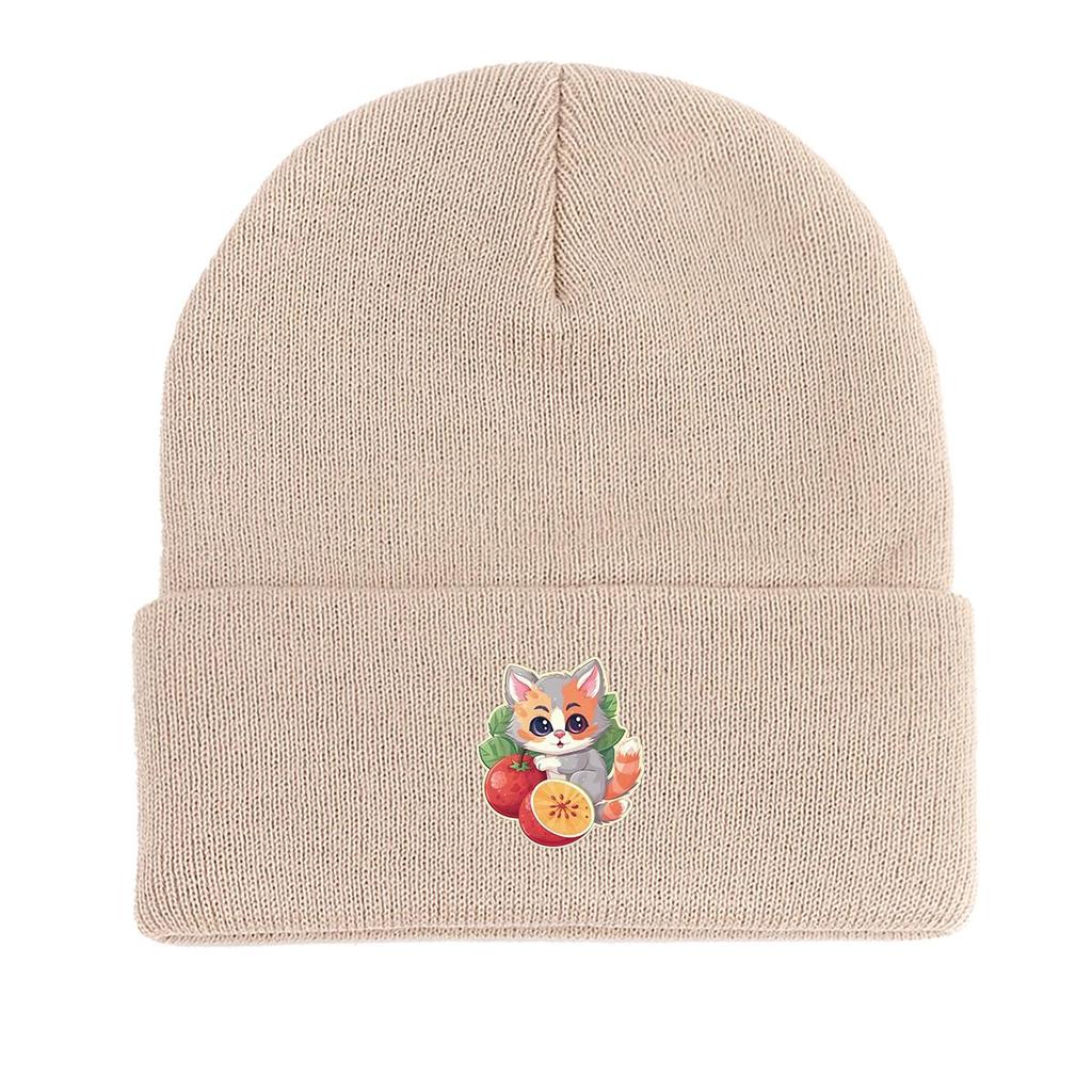 Cat Fruit Print Knitted Hat Beanie, Man Cap Elastic Candy Color Trendy Pompom Beanies Knit Cap Beanie