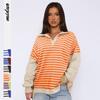 Loose Contrasting Striped Sweatshirt with Slit for Autumn Winter Casual Slimming Top for Women Pullovers & Long Sleeves Women’s