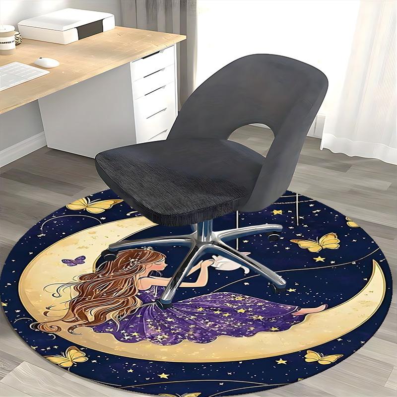 1pc Anime Design Round Carpet Office Chair Mat with Girl, Cat, Butterflies, Stars, Moon Festival Gift for Home Decor