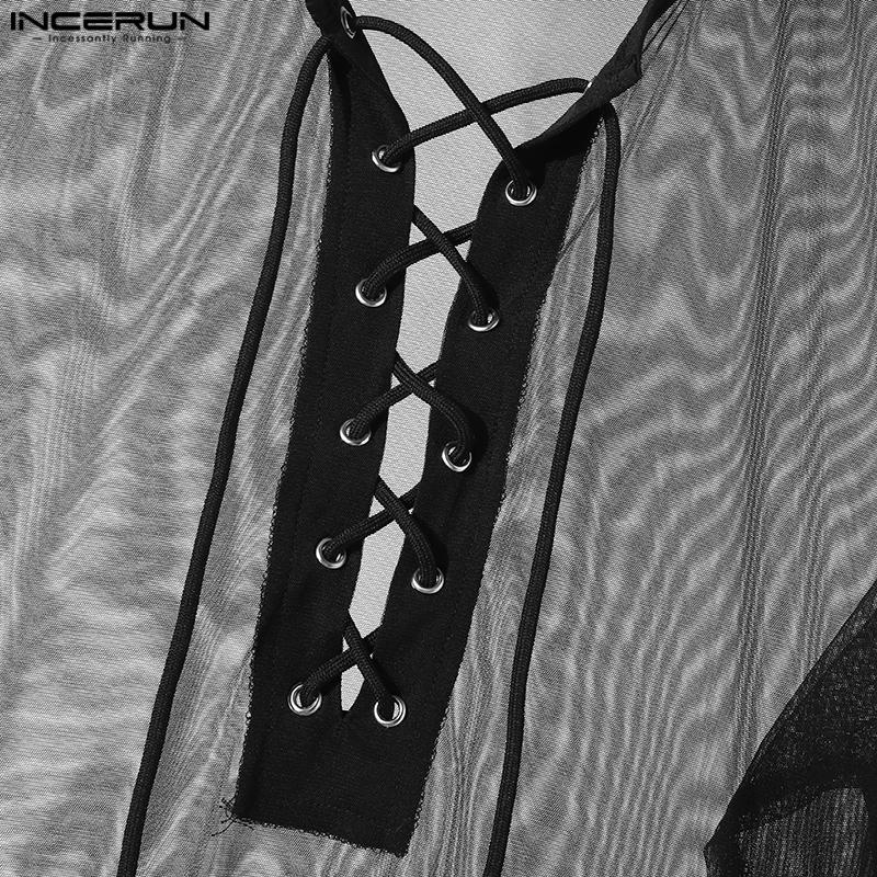 INCERUN Мужские прозрачные топы на шнуровке с длинными рукавами и клубной одеждой