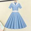 Women Dress V Neck Lapel Single-breasted with Belt A-line Big Swing Tight High Waist Solid Color Retro Short Sleeve Princess Style Lady Midi Dress