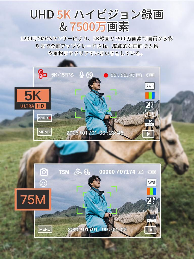 AiMike 5K Digital Camera with Rotating 64GB Micro SD 18x Digital 19 Convenient Large Two Perfect for Kids and Day White Wi-Fi Transfer, 75MP, 180°