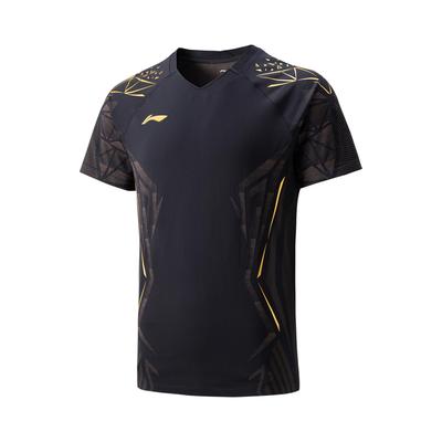 Li Ning Серия Бадминтон Быстросохнущая Прохладная Спортивная Футболка с V-образным вырезом и коротким рукавом Унисекс Топы Черный AAYV019-1