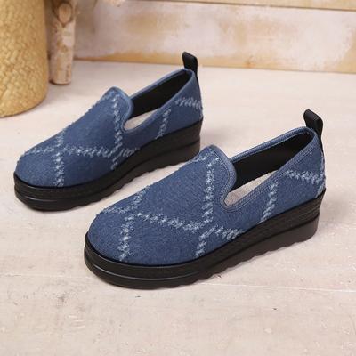 Модные клиновидные одинарные осенние новые туфли с круглым носком из денима с глубоким вырезом на платформе, противоскользящие, износостойкие, с низким верхом