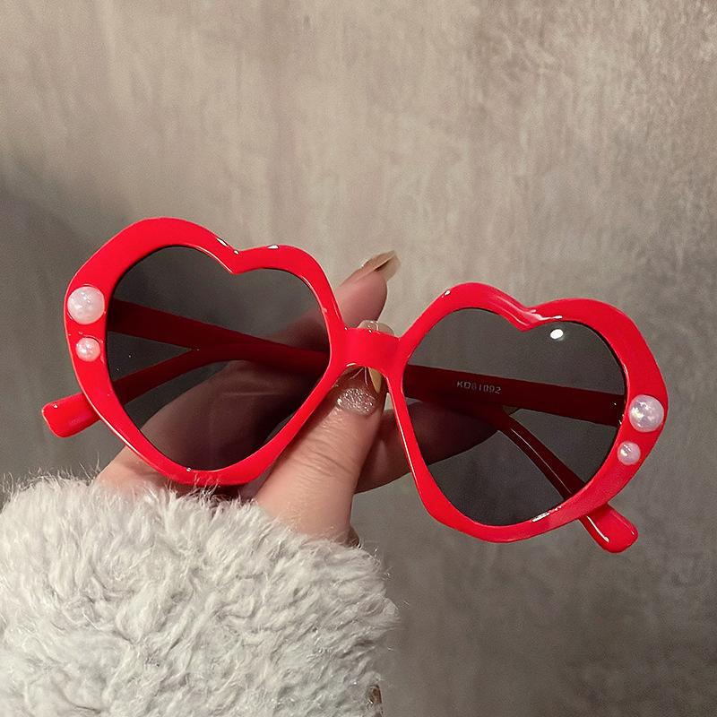Classic Pearl Heart Childrens Sunglasse For Girls Red Plastic Pink Mirror Glasses Vintage Anti-Reflective Sun Glasses Uv400