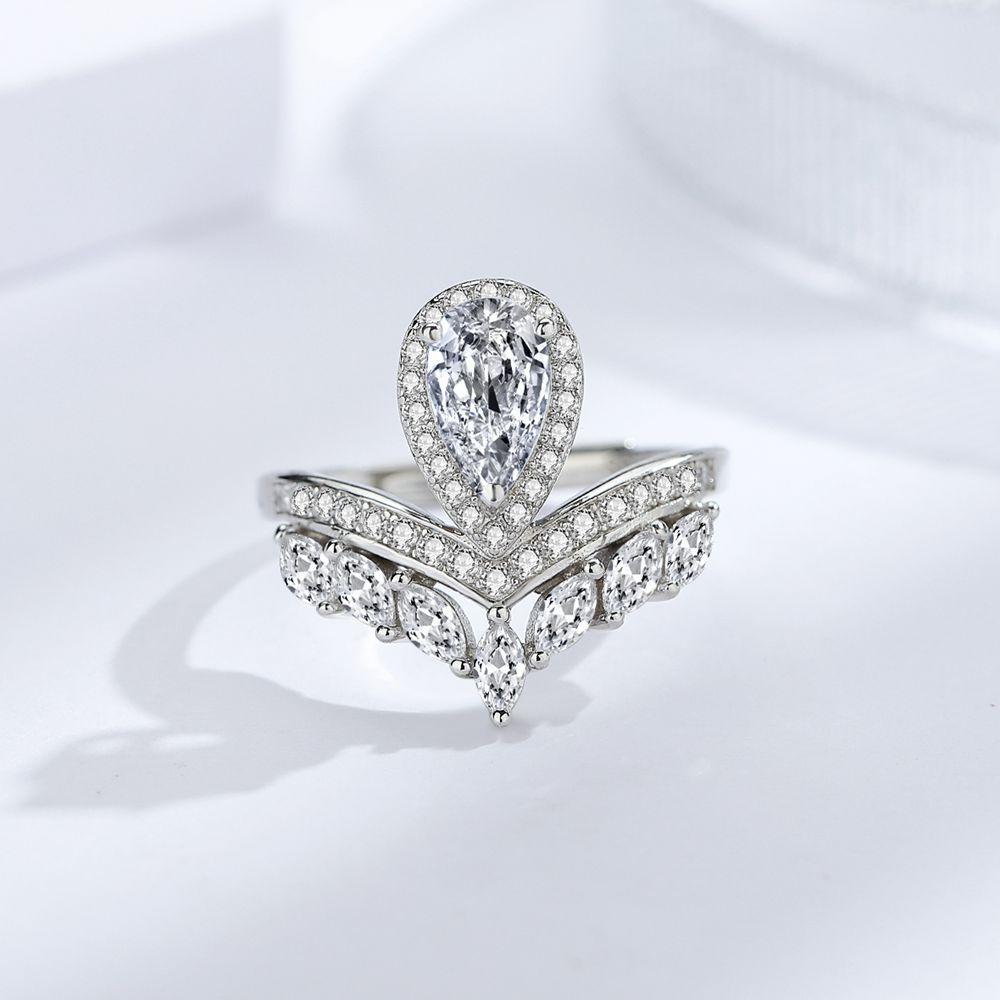 925 Sterling Silver Crown Diamond Ring Women'S Light Luxury Fashion Water Drop Horse Eye Open Ring Platinum Special-Shaped Diamond V-Row Diamond Ring
