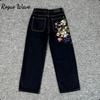 RogueWave American Retro Harajuku Floral Embroidery Baggy Jeans Men High Street Trendy Streetwear Y2K Casual Straight Pants