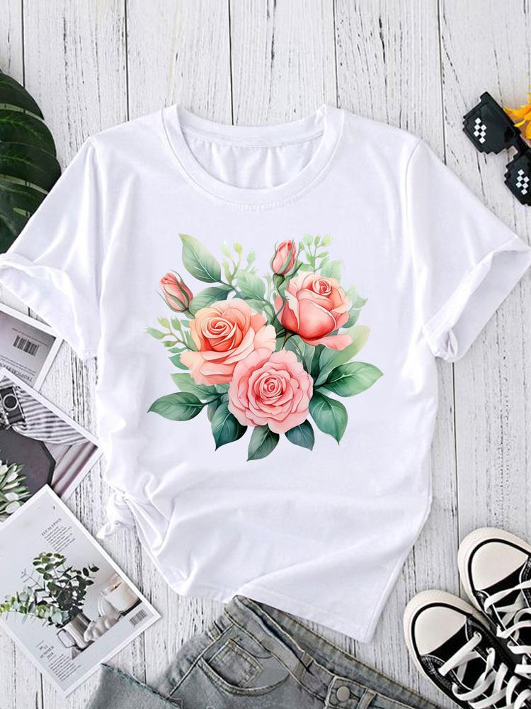 (Азиатский размер) Женский топ T-shirt тренд с перьями милый Принт Короткий рукав Футболки Мода Женский Повседневный Круглый вырез Графическая футболка