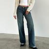 Women Pants with Pockets Low Waist Straight Wide Leg Button Zipper Closure Full Length