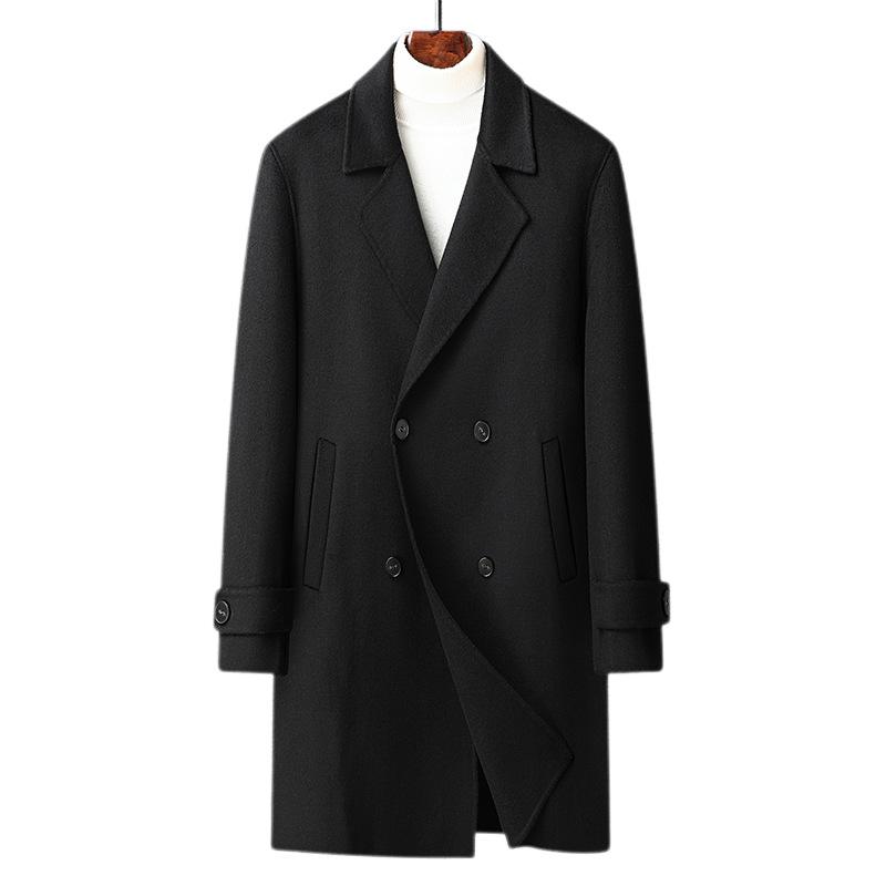 New Men's Double-sided Woolen Medium and Long Suit Collar Double-breasted Woolen Coat Simple Men's Korean Coat
