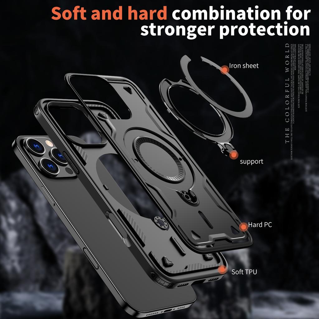 Бронированный чехол для iPhone 16 13 12 14 15 Pro Max Plus Магнитный Magsafe Беспроводная зарядка Вращающееся на 360 градусов кольцо-подставка Противоударный чехол
