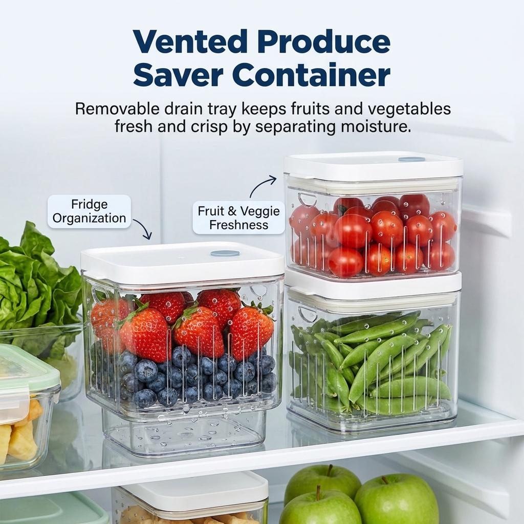 Vegetable And Fruit Storage Container With Draining Function For Refrigerator Kitchen Use