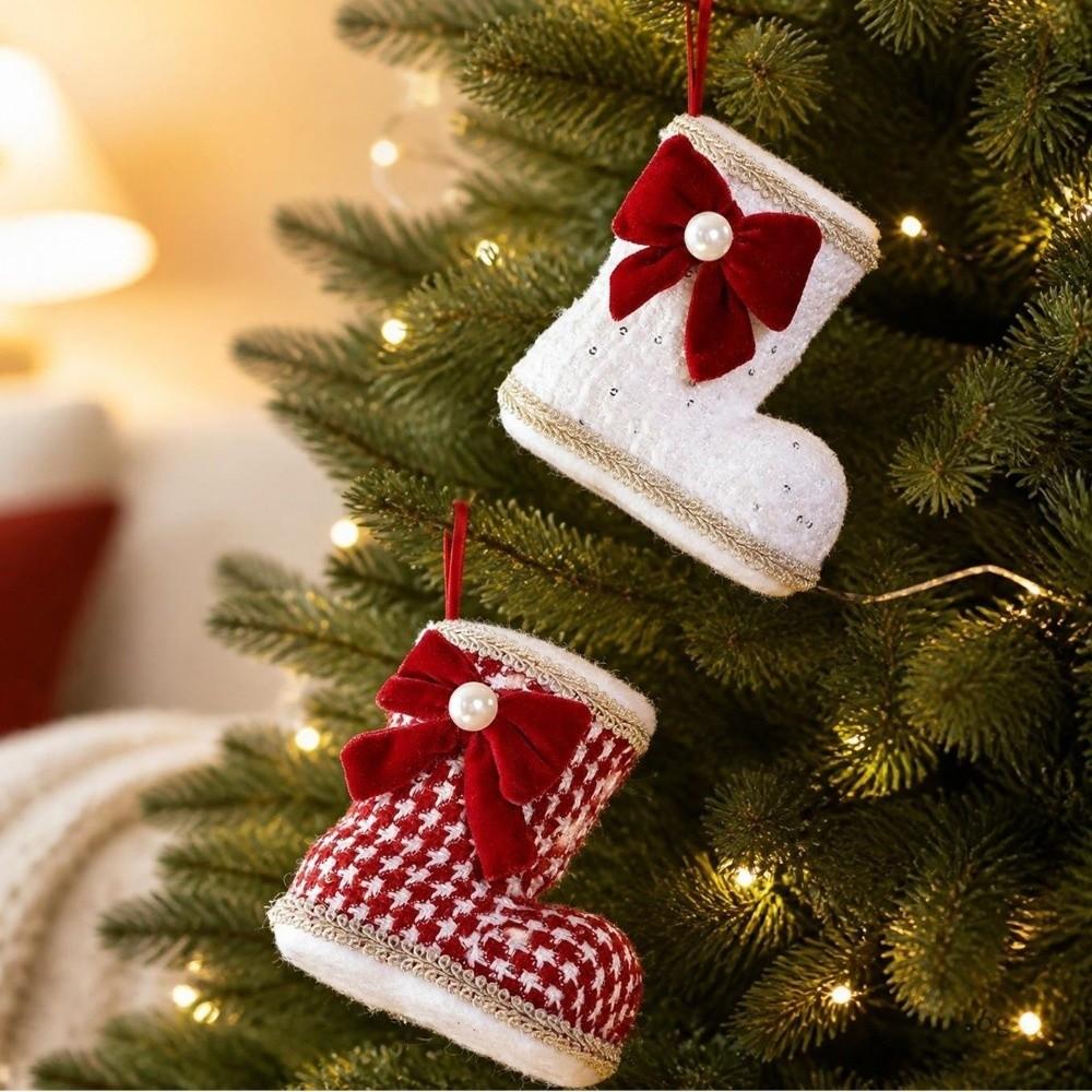 Bowknot Christmas Boots Pendant Grid Pattern Xmas Tree Hanging Pendant Christmas