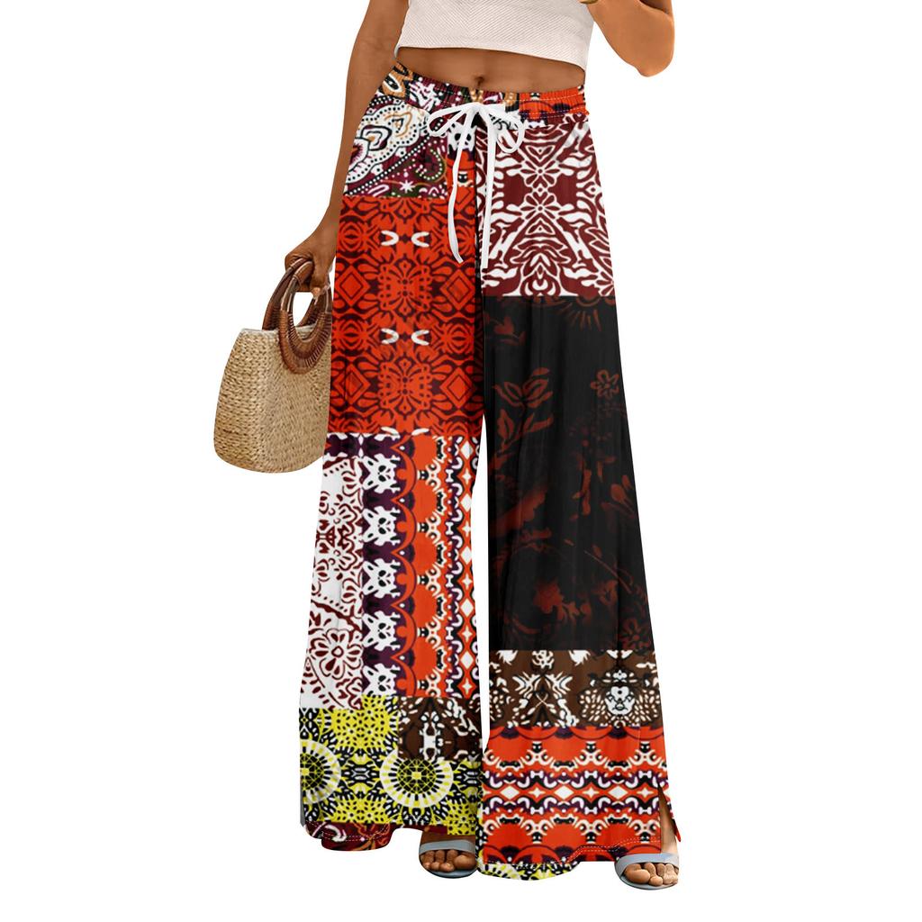 Women Summer Boho Palazzo Pants High Waist Wide Leg Rinting Casual Trousers With Pockets