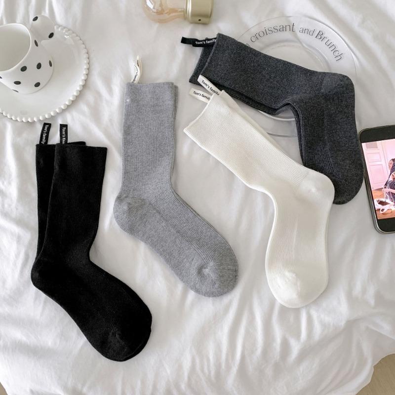 Heel Cloth Label Socks for Women, Solid Color Striped Mid-calf Socks, Spring and Autumn Trendy Pile Socks, Grey Socks