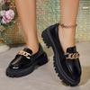 Мода Модные лоферы на платформе с цепочкой и декором Женские черные туфли из искусственной кожи на плоской подошве в стиле колледжа Однотонные туфли для женщин