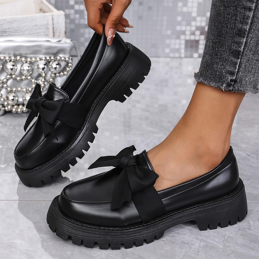 2025 Women's Loafers Round Toe Platform Sole Butterfly-knot One Kick Women Shoes Fashion All-match British Style Leather Shoes