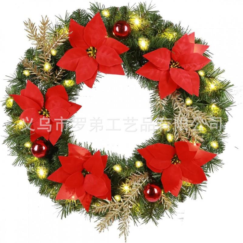 Christmas Decorations Set: LED String Lights Red Poinsettia Flowers Wreath Door Hanging Home Festive Interior