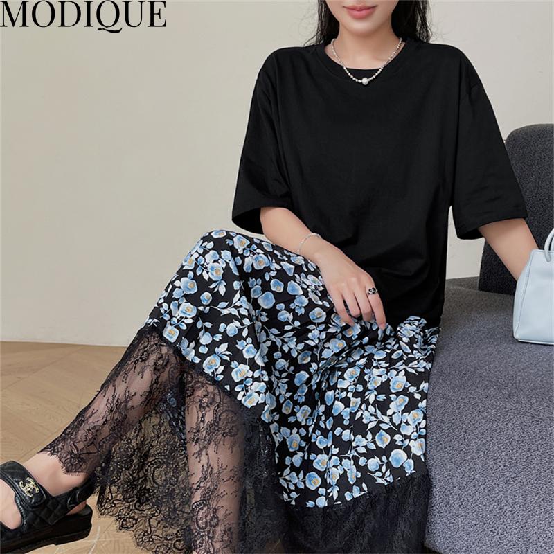MODIQUE Summer Plus Size Women Loose Versatile A-Line Floral Print Lace Patchwork Pleated Cotton T-Shirt Long Dresses Female Casual O-Neck Dresses
