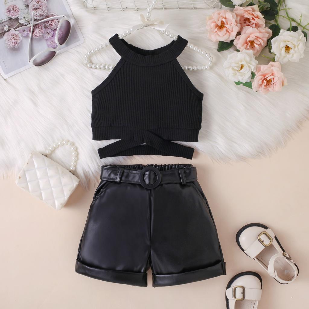 Модный комплект для девочек, летний детский повседневный топ без рукавов с халтернеком, кожаный пояс, комплект из трех предметов