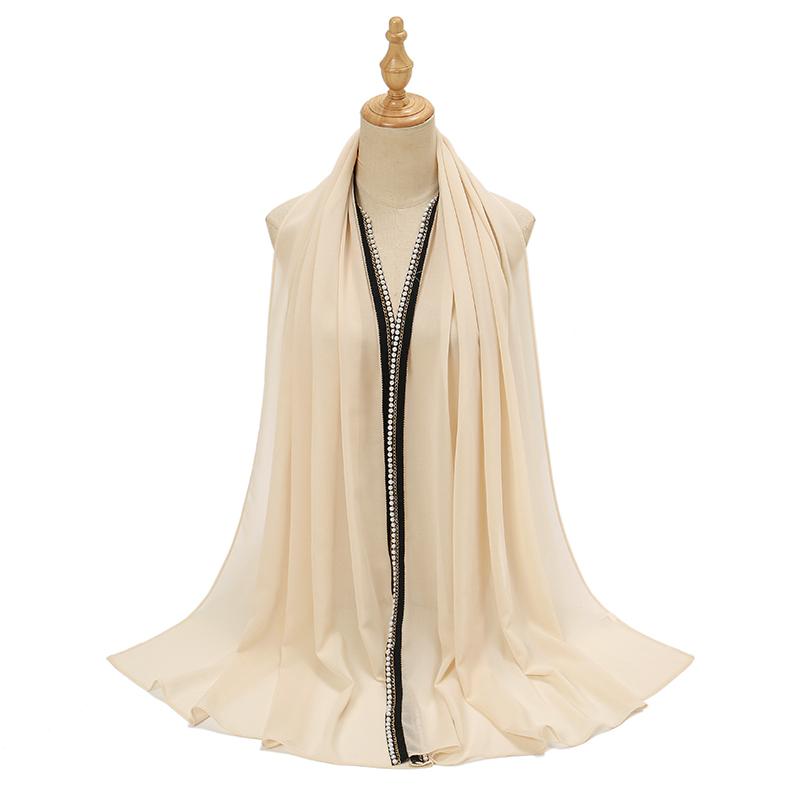 Новый Рамадан Шифоновый Хиджаб Шарф с Жемчужными Бусинами Мусульманский Хиджаб с Цепочкой Однотонные Длинные Шали Головной Платок Обмотки Исламская Повязка на Голову