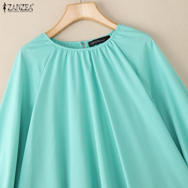 ZANZEA Women Casual Round Neck Loose Long Sleeve Asymmetrical Hem Cover Up Blouse