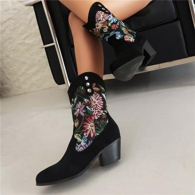FOREADA Женские ботильоны в ковбойском стиле с круглым носком, на толстом высоком каблуке, с вышивкой в виде цветов, ковбойские сапоги в западном стиле, женская обувь, зима 43