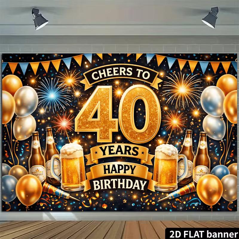 2D Happy 40th Birthday Photography Backdrop Beer Fireworks Party Photo Booth Banner