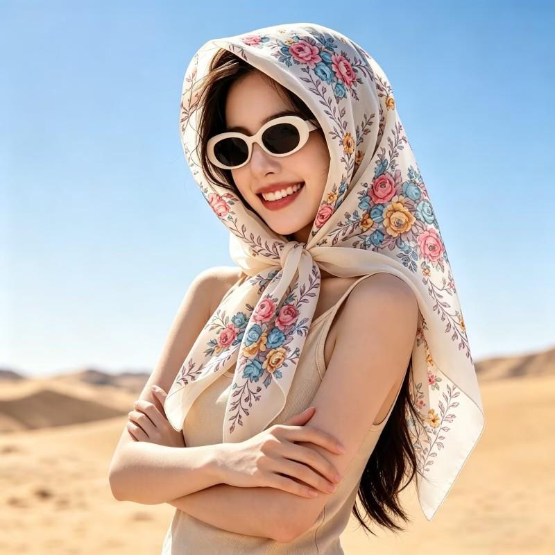 90x90cm Floral Print Square Scarf Women Lightweight Chiffon Wrap Boho Chic Headscarf Beach Cover-Up