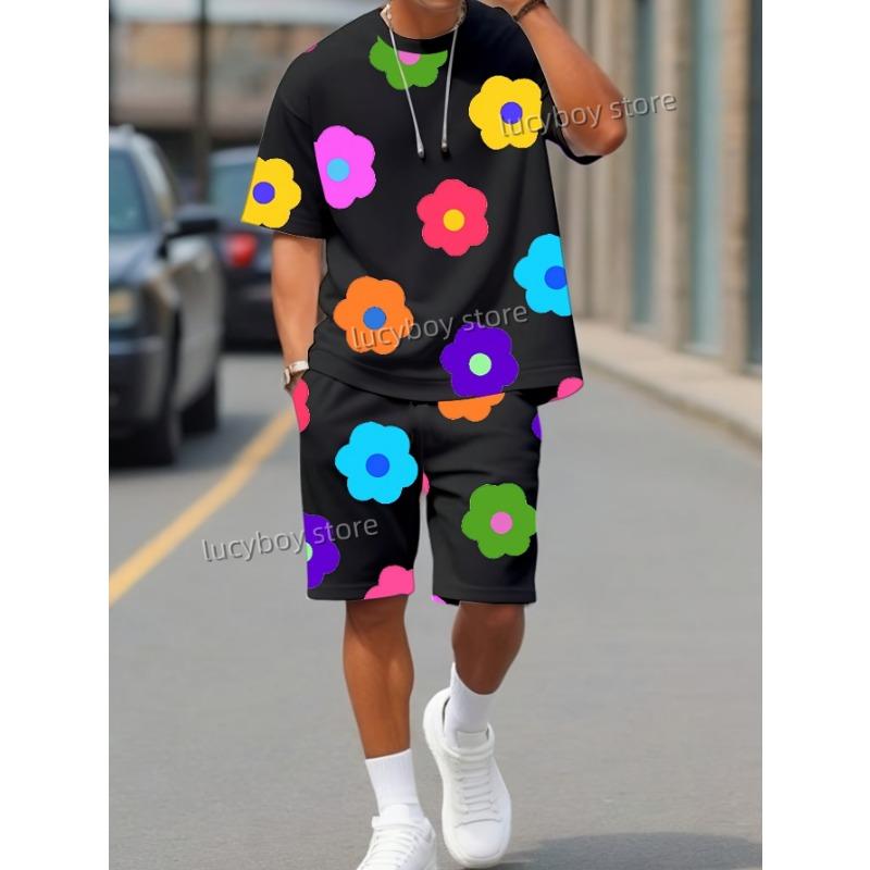 Спортивная футболка с цветочным принтом и шорты, комплект мужского костюма, роскошный спортивный костюм, летний комплект из 2 предметов свободного покроя, мужская одежда
